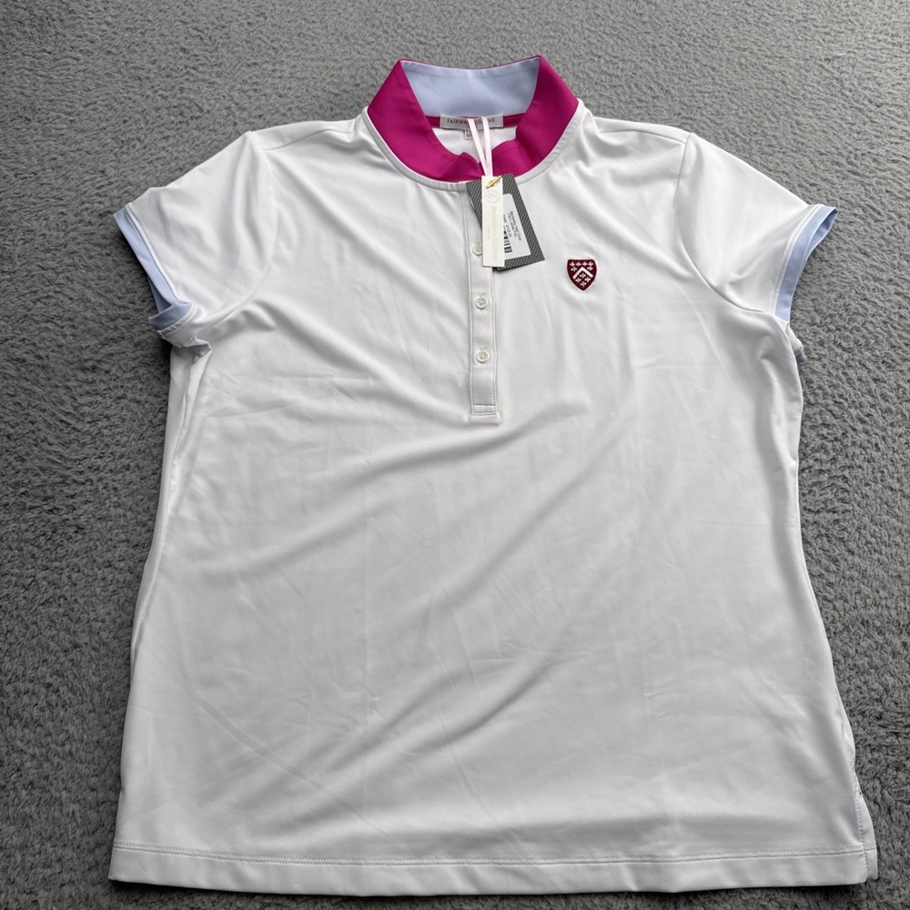 Fairway & Greene Carey Golf Polo Shirt Womens Large White Pink Mock Neck O32226